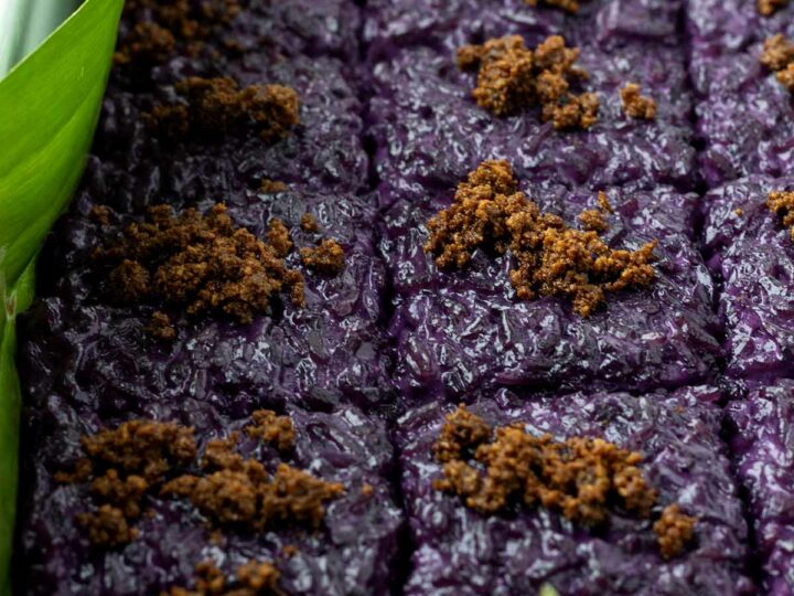 Close up shot of ube biko that shows chewy texture.