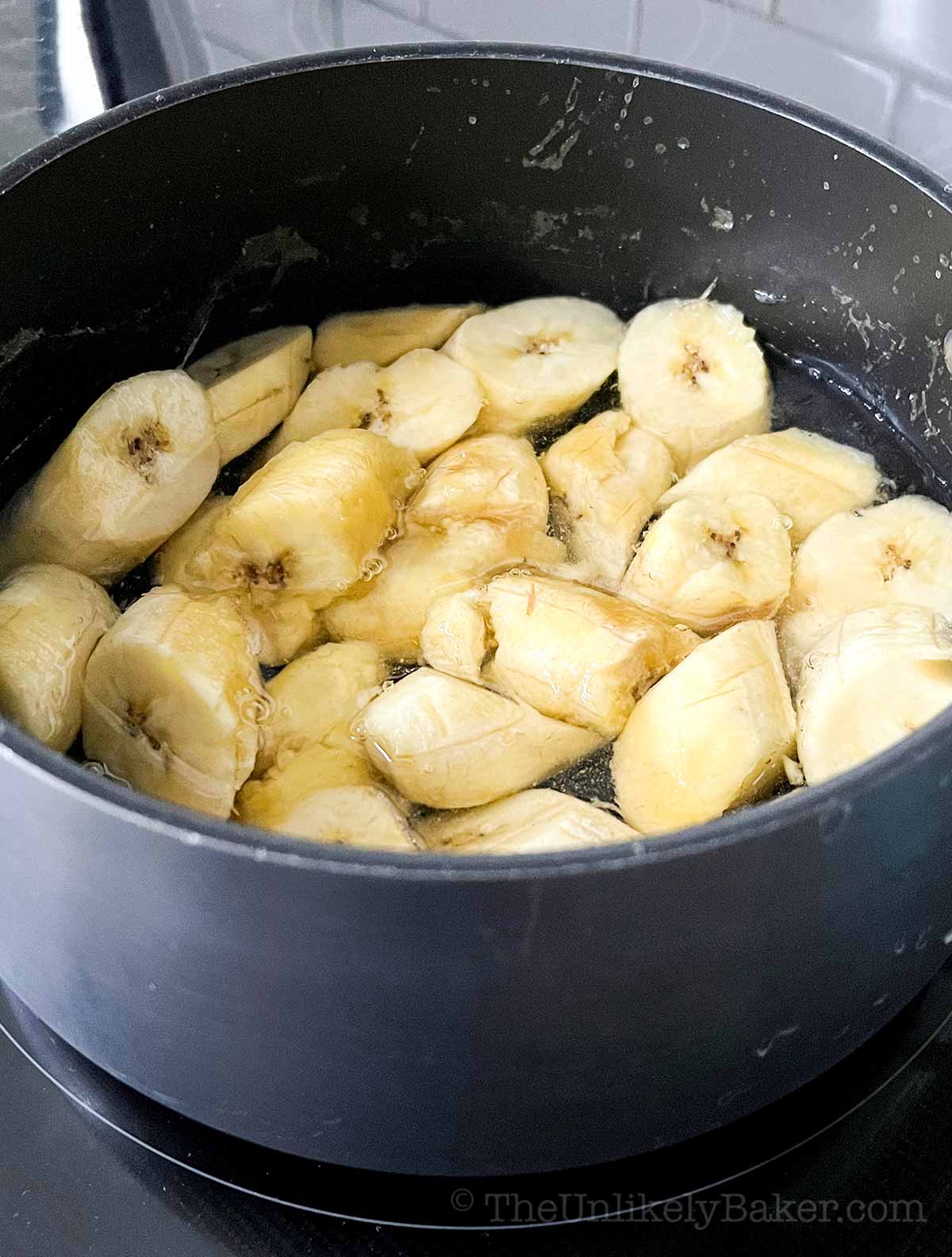Plantains in a pot.