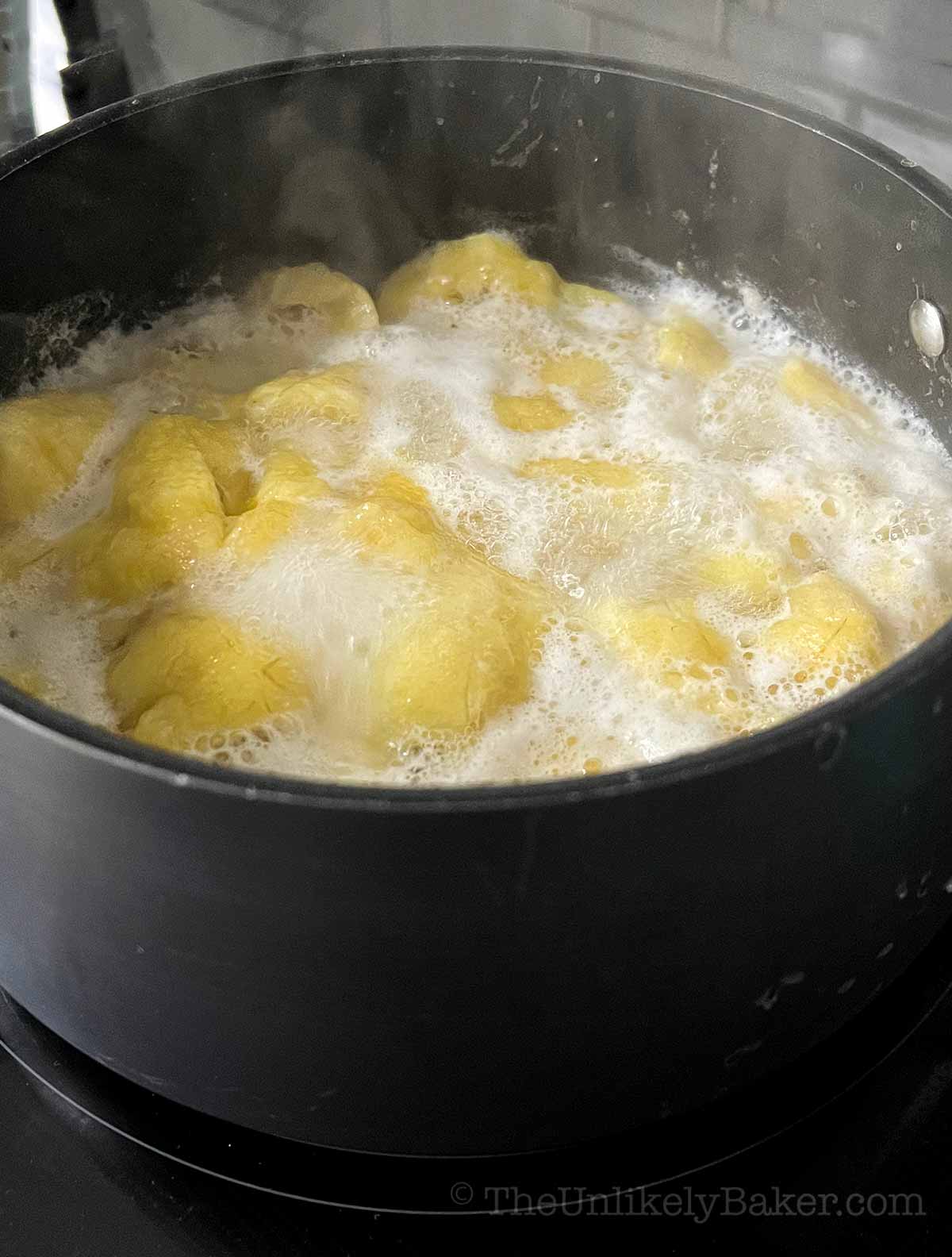 Plantains in boiling water.