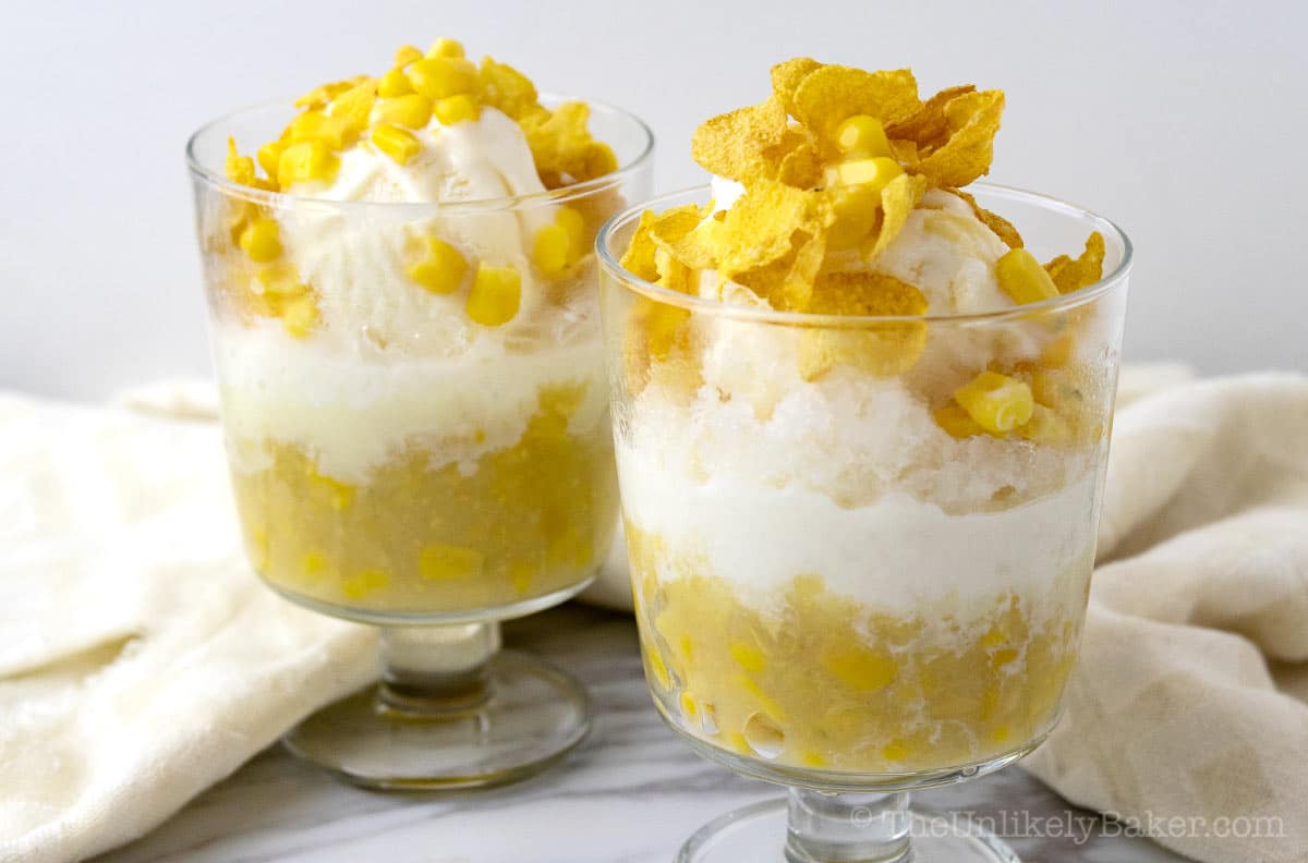 Mais con yelo with a twist - ice cream and corn flakes topping.