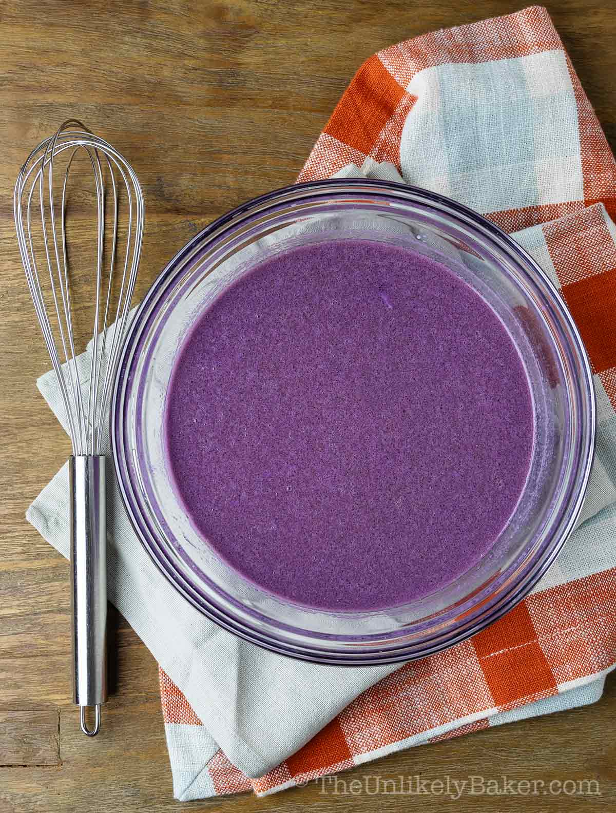 Ube buttermilk mixture in a bowl.