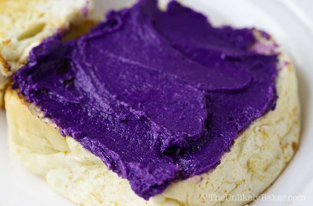 Ube halaya butter spread on pandesal.