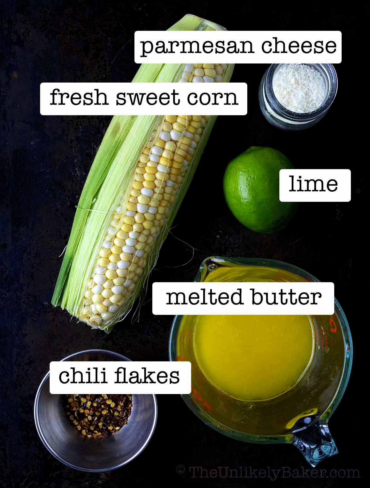 Ingredients for chili corn on the cob with text overlay.