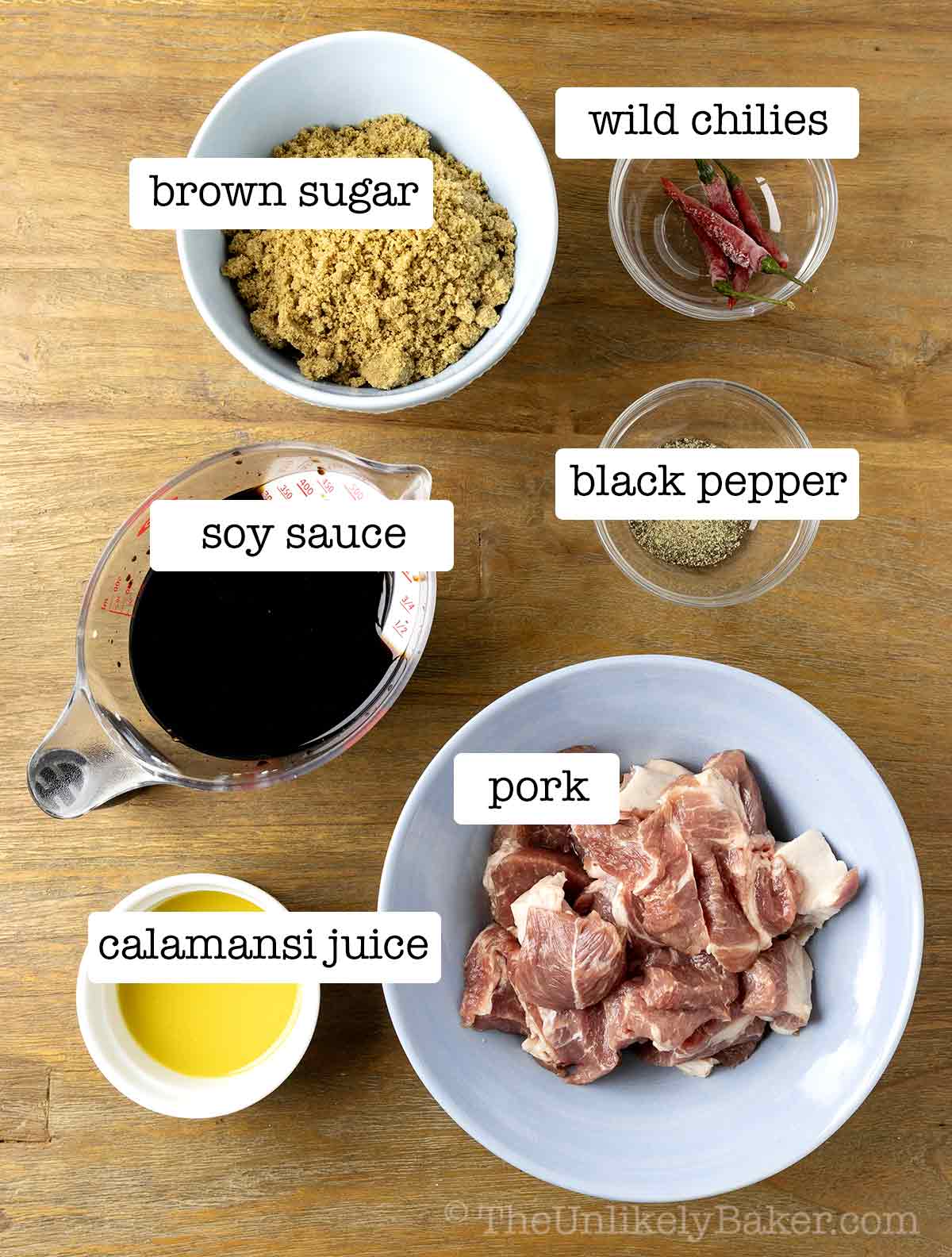 Filipino pork barbecue ingredients with text overlay.