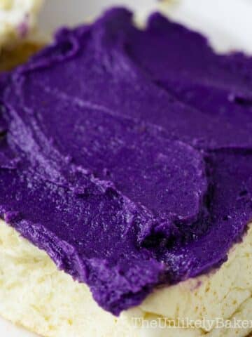 Creamy ube butter spread on pandesal.