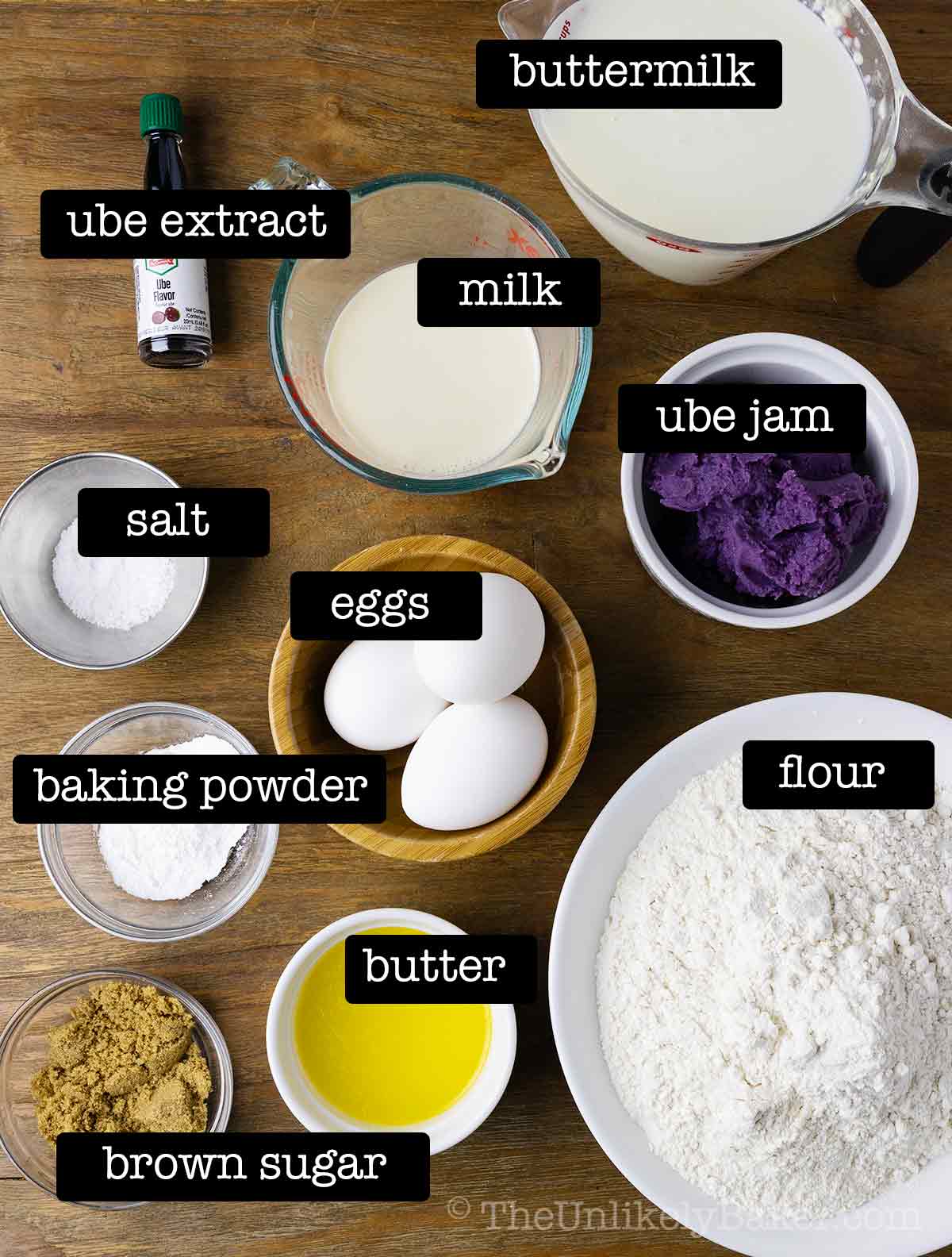 Ingredients for ube pancake with text overlay.