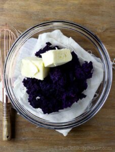 Ube and boiled purple yam in a bowl.