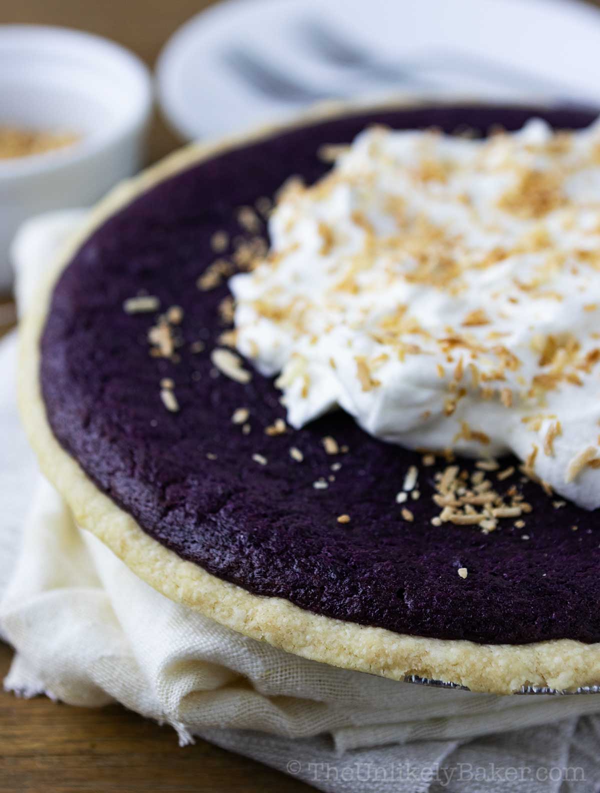 Purple yam pie with whipped coconut cream topping.