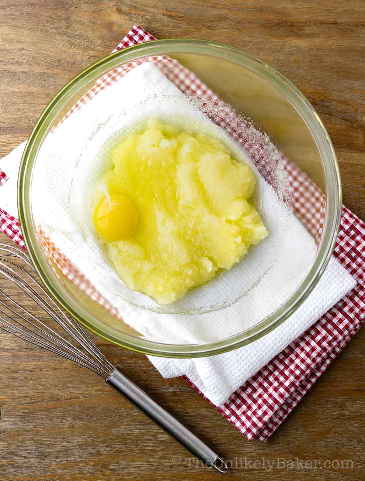 Eggs added to creamed butter.