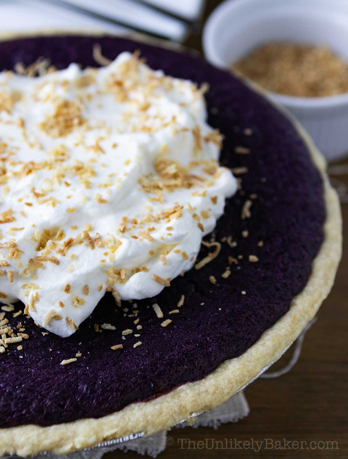 Freshly baked Filipino ube pie.