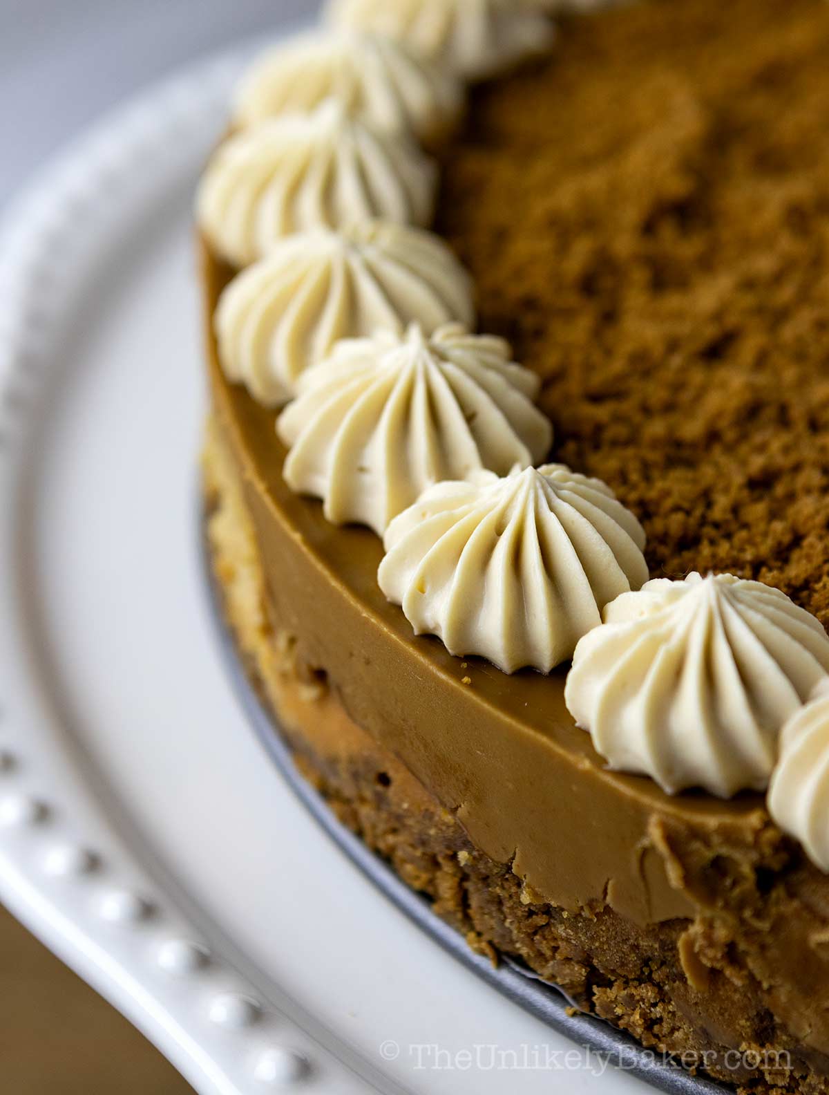 Closeup shot of cookie butter cheesecake.