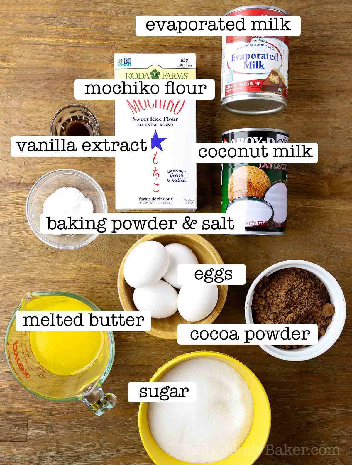 Ingredients for chocolate butter mochi with text overlay.