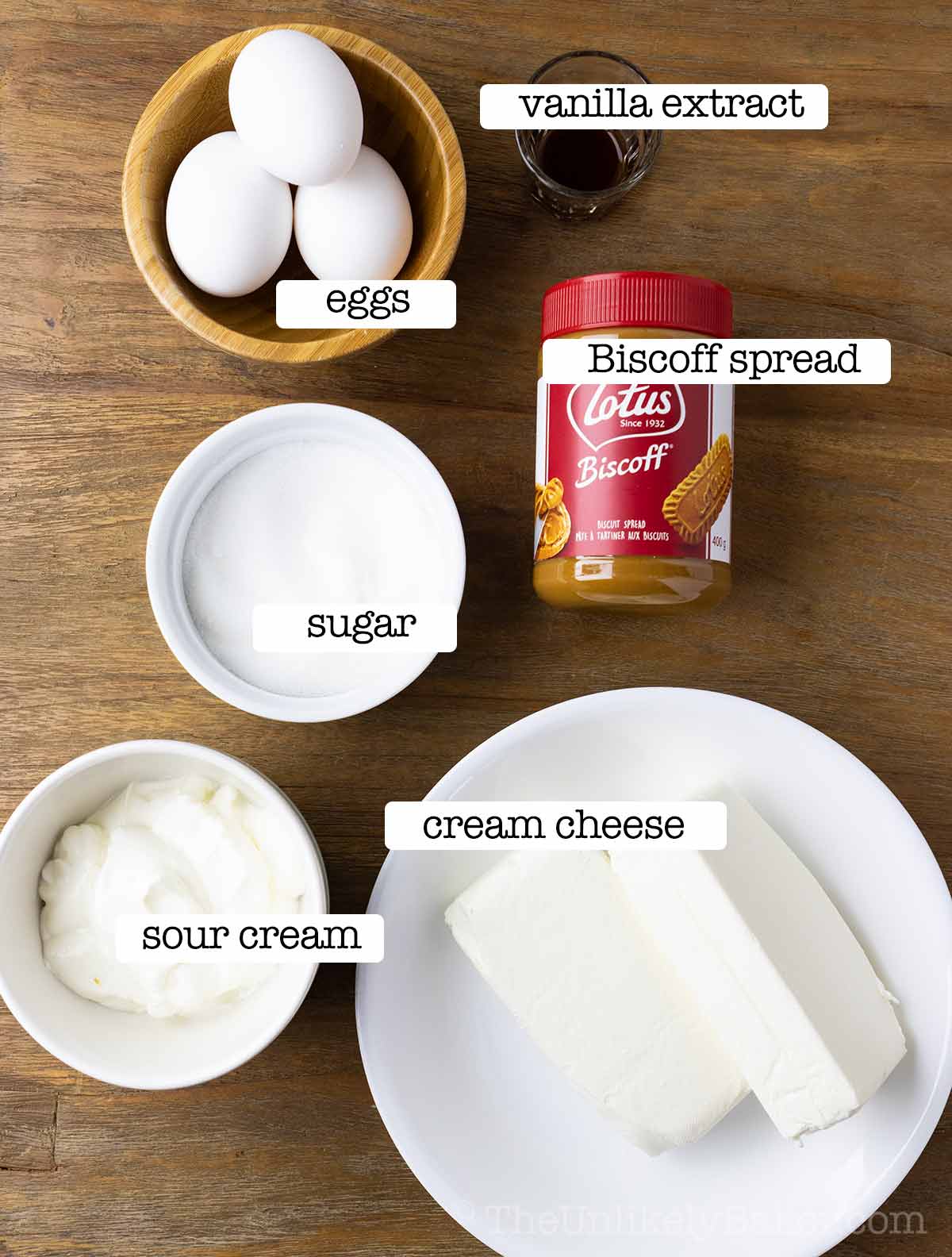 Ingredients for Biscoff cheesecake filling with text overlay.