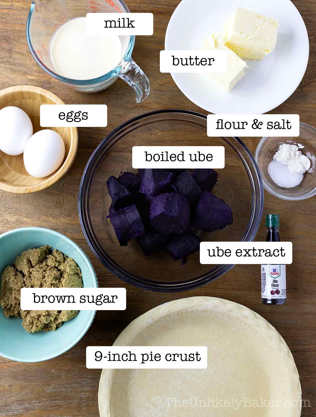 Ube pie ingredients with text overlay.