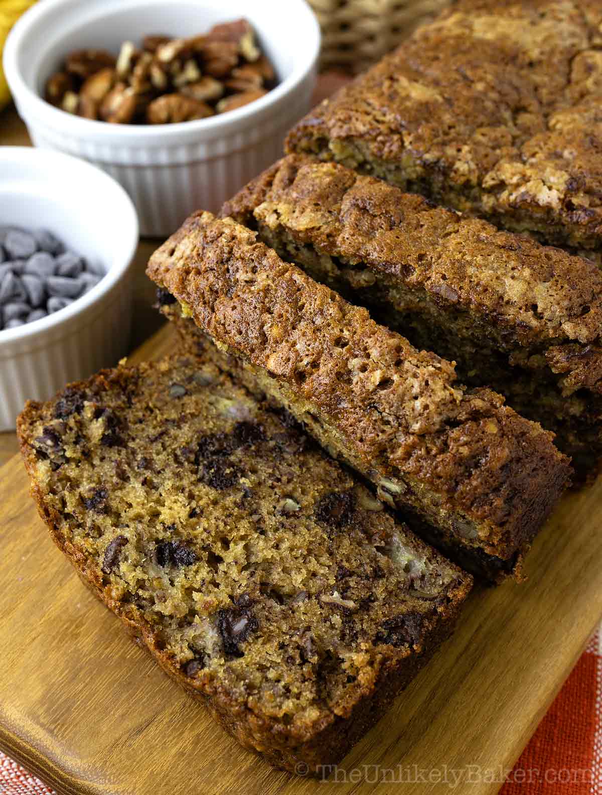 Banana bread with pecans and chocolate chips.