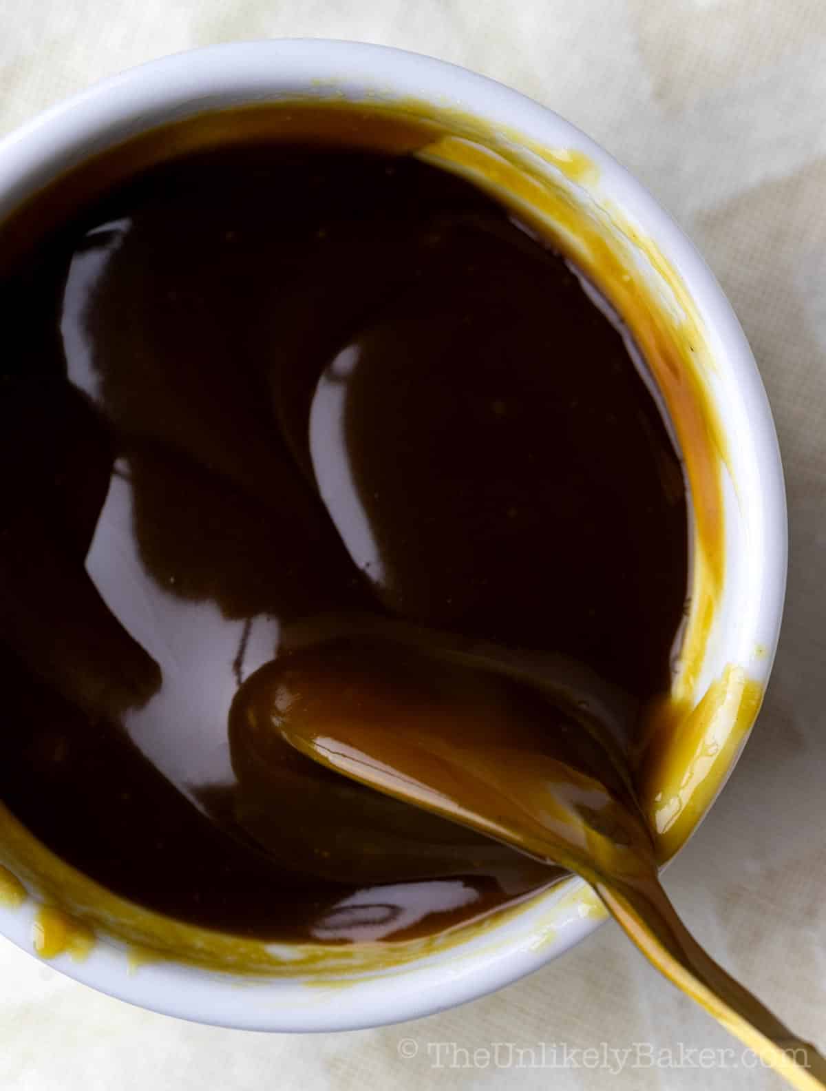 A shot of coconut jam showing its rich and thick texture.