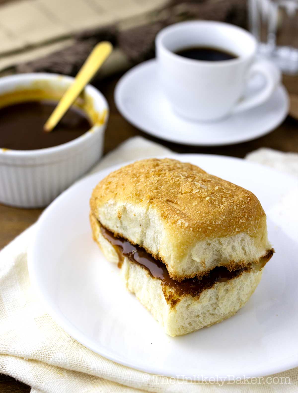 Coco jam with pandesal and coffee.