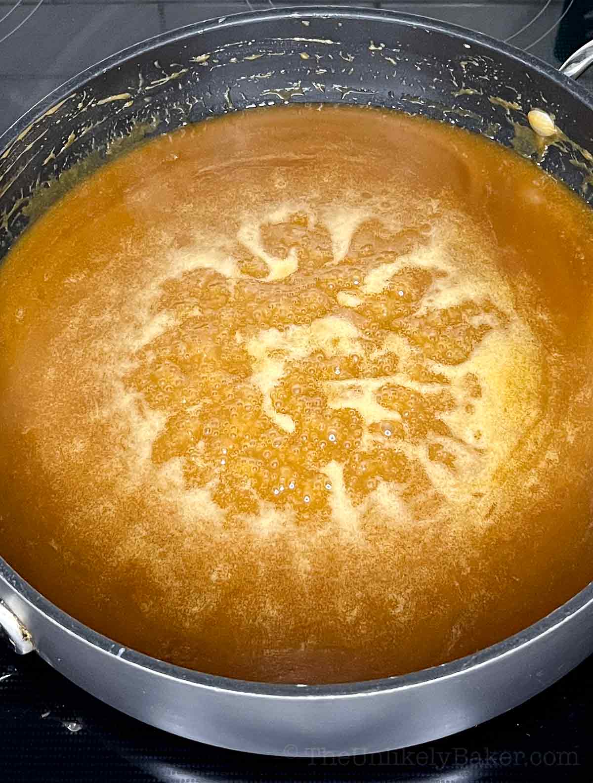 Coconut mixture boiling in a pot.