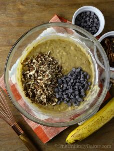 Chopped pecans and chocolate chips added to batter.