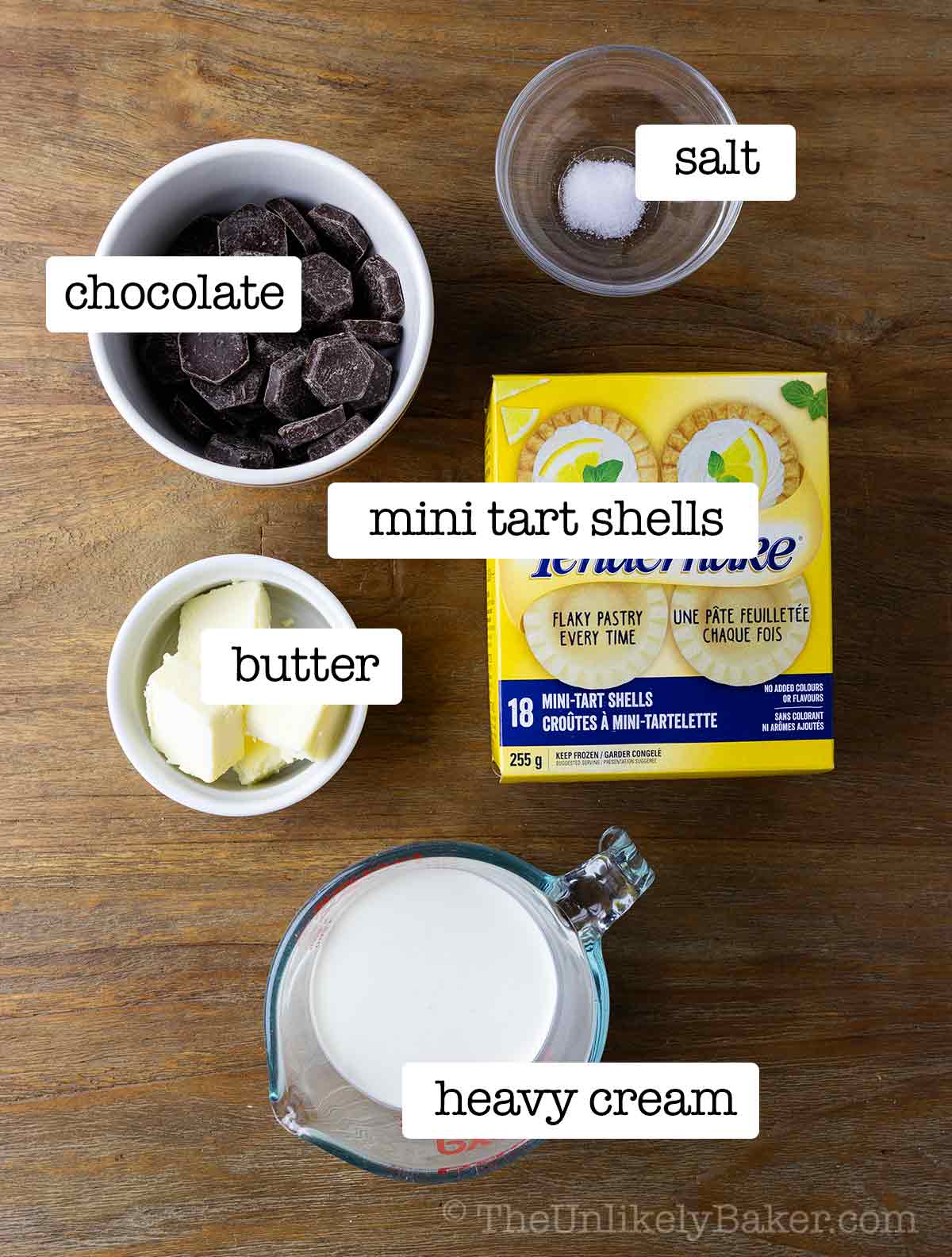 Chocolate mini tarts ingredients with text overlay.