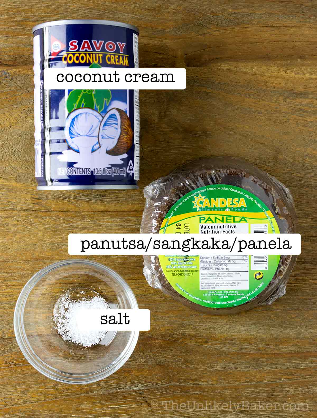 Filipino coco jam ingredients with text overlay.