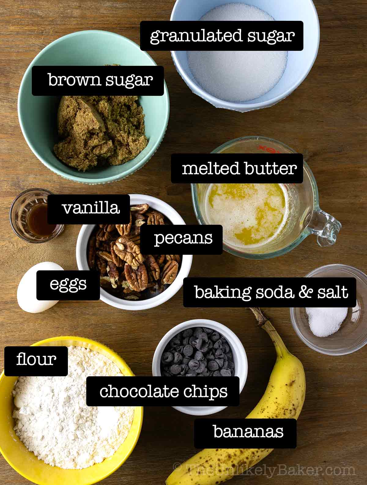 Ingredients for banana bread with pecans with text overlay.