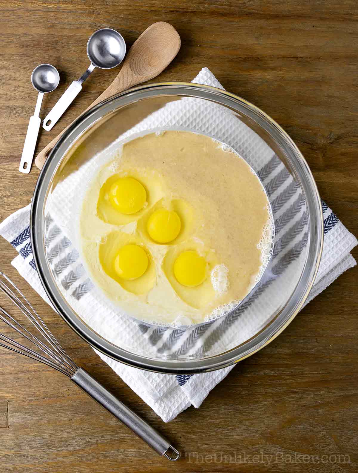 Flan layer ingredients in a bowl.