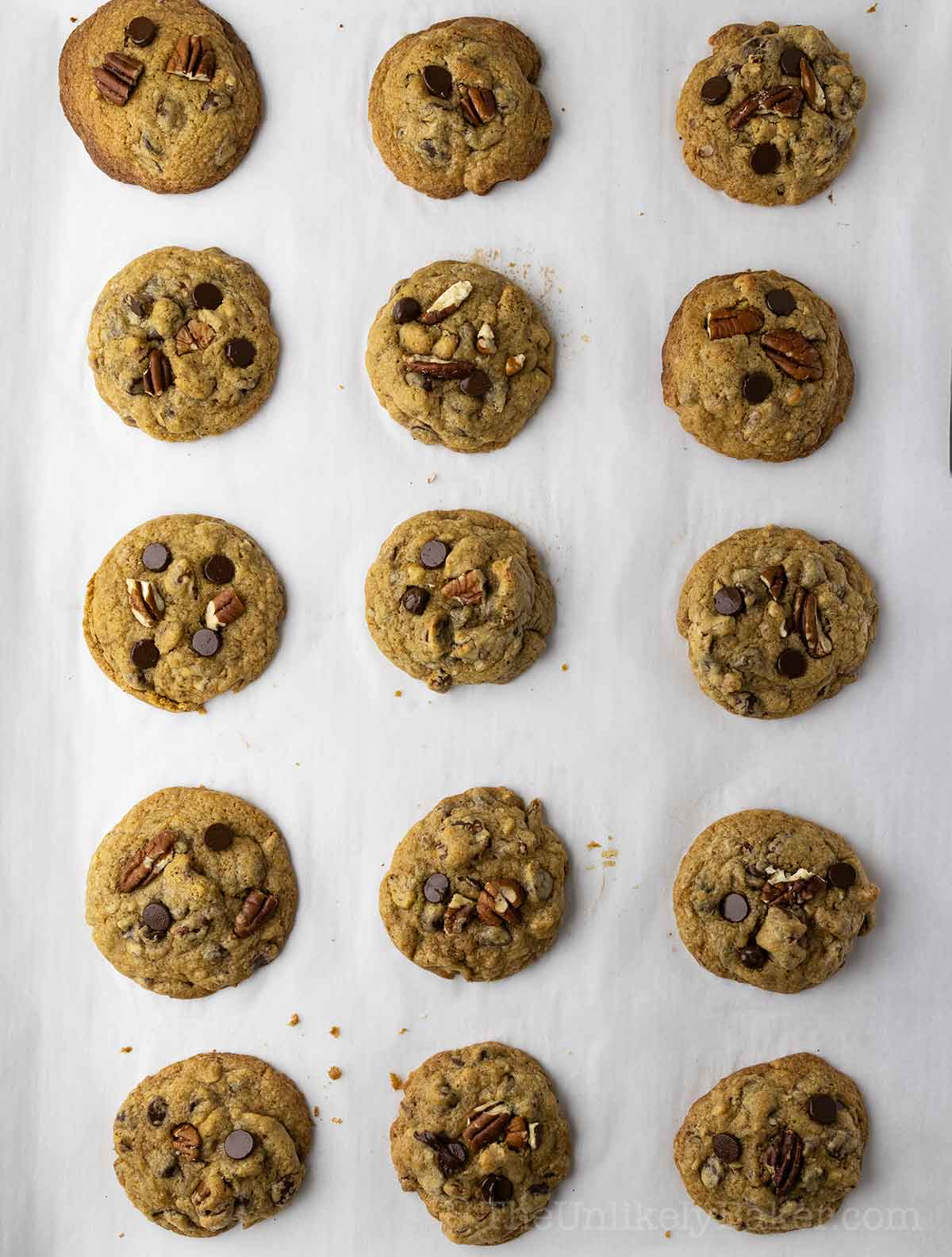 Freshly baked pecan chocolate chip cookies on a pan.