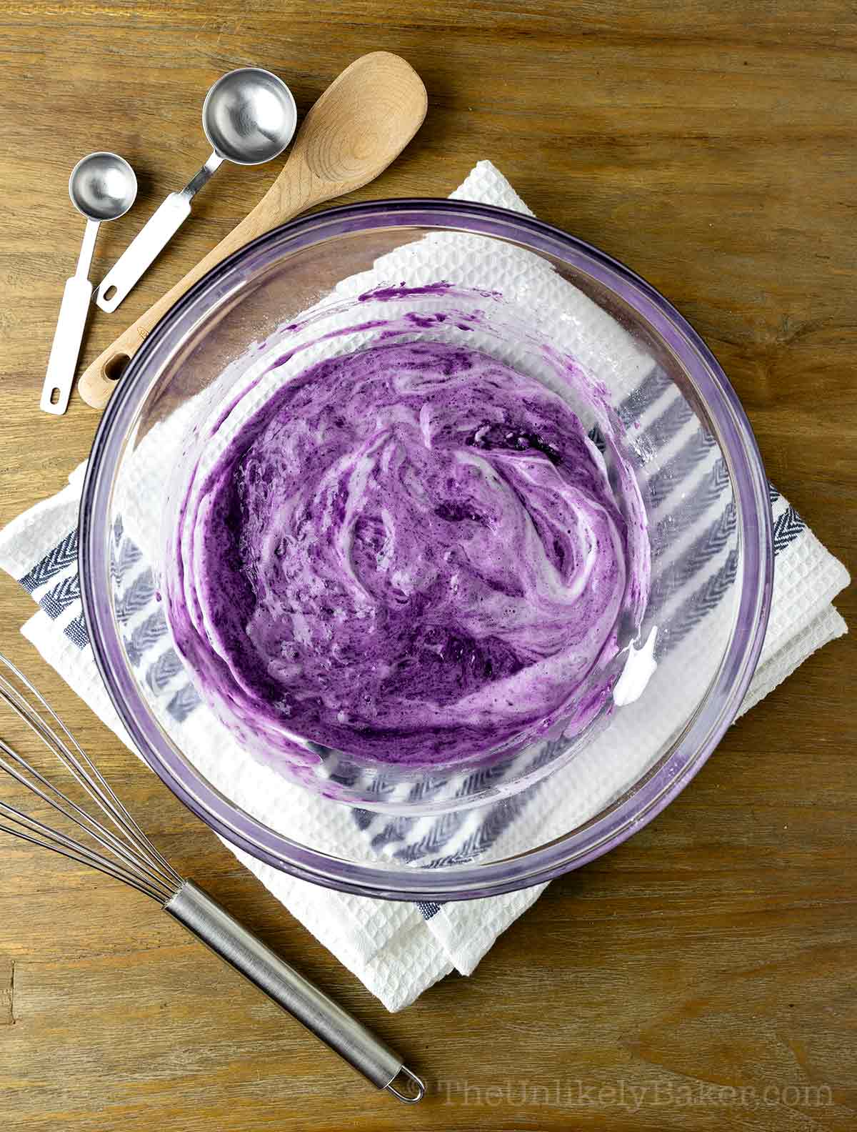 Lightened cake batter in a bowl.