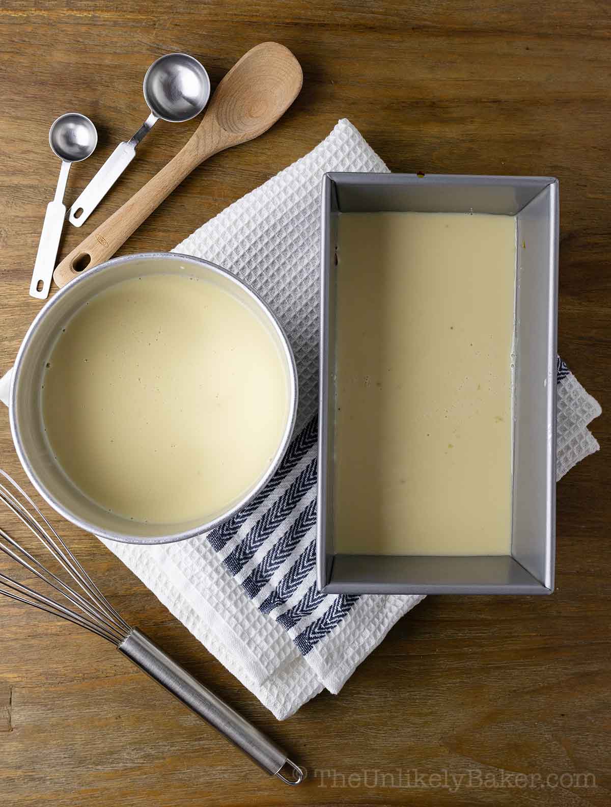 Flan mixture poured into pans.