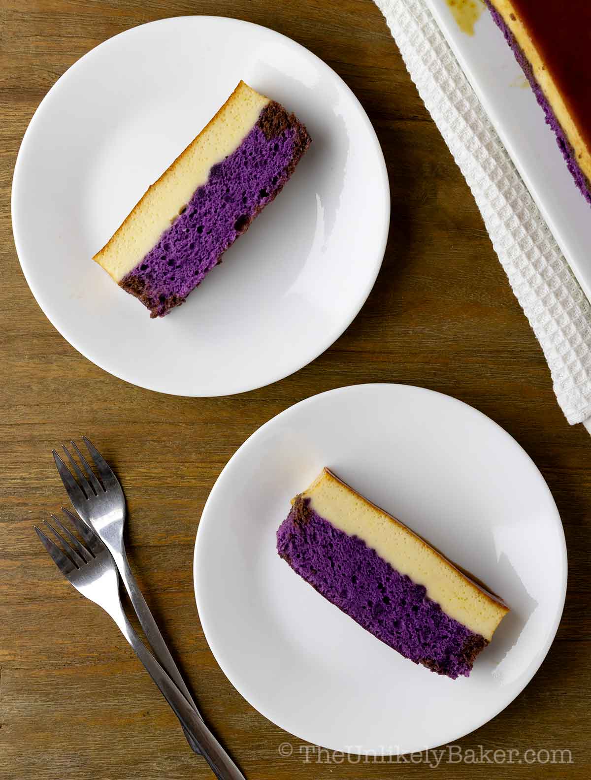 Overhead shot of leche flan ube cake.