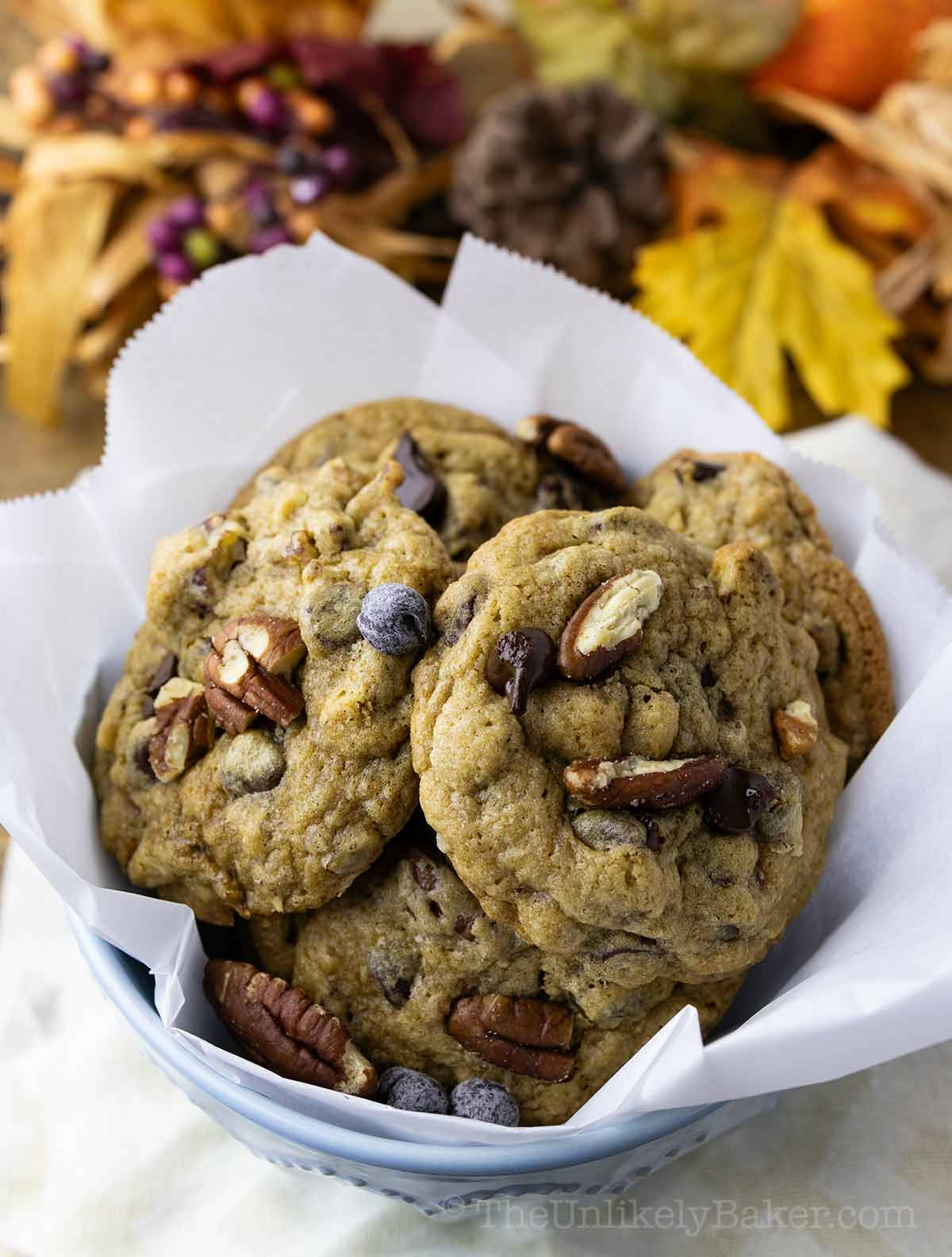 Chocolate chip pecan cookies in a bowl.