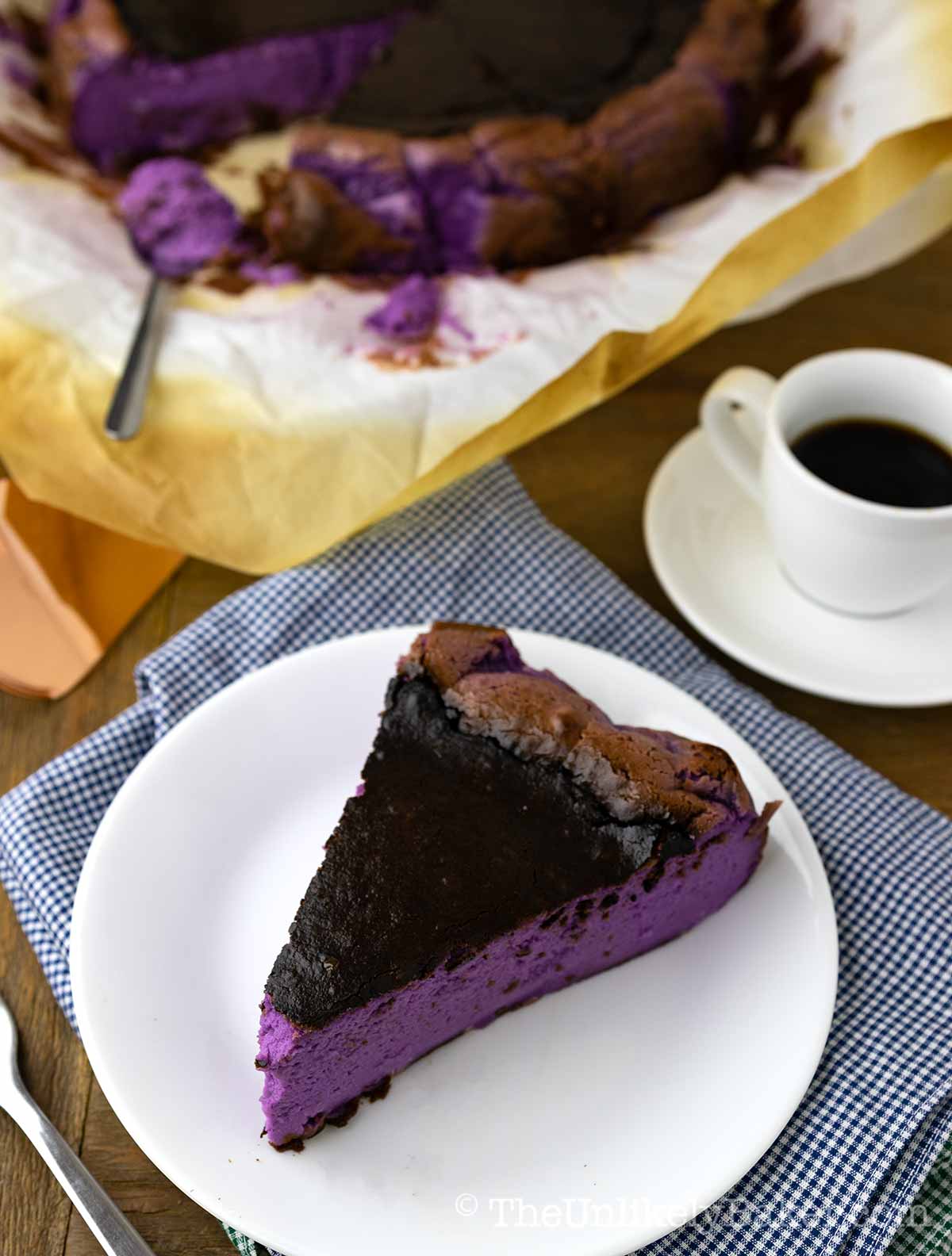 Rich and creamy ube basque cheesecake on a plate.