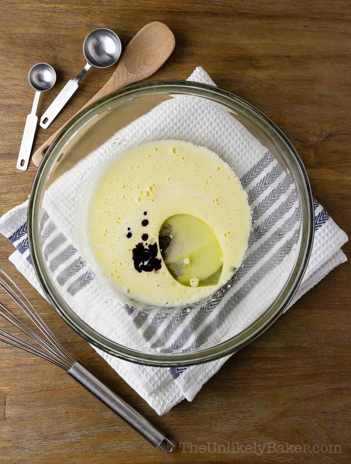 Wet ingredients in a bowl.