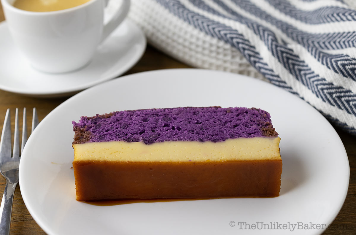 A slice of ube cake with leche flan.