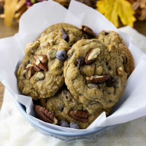 Chocolate chip pecan cookies in a serving bowl.