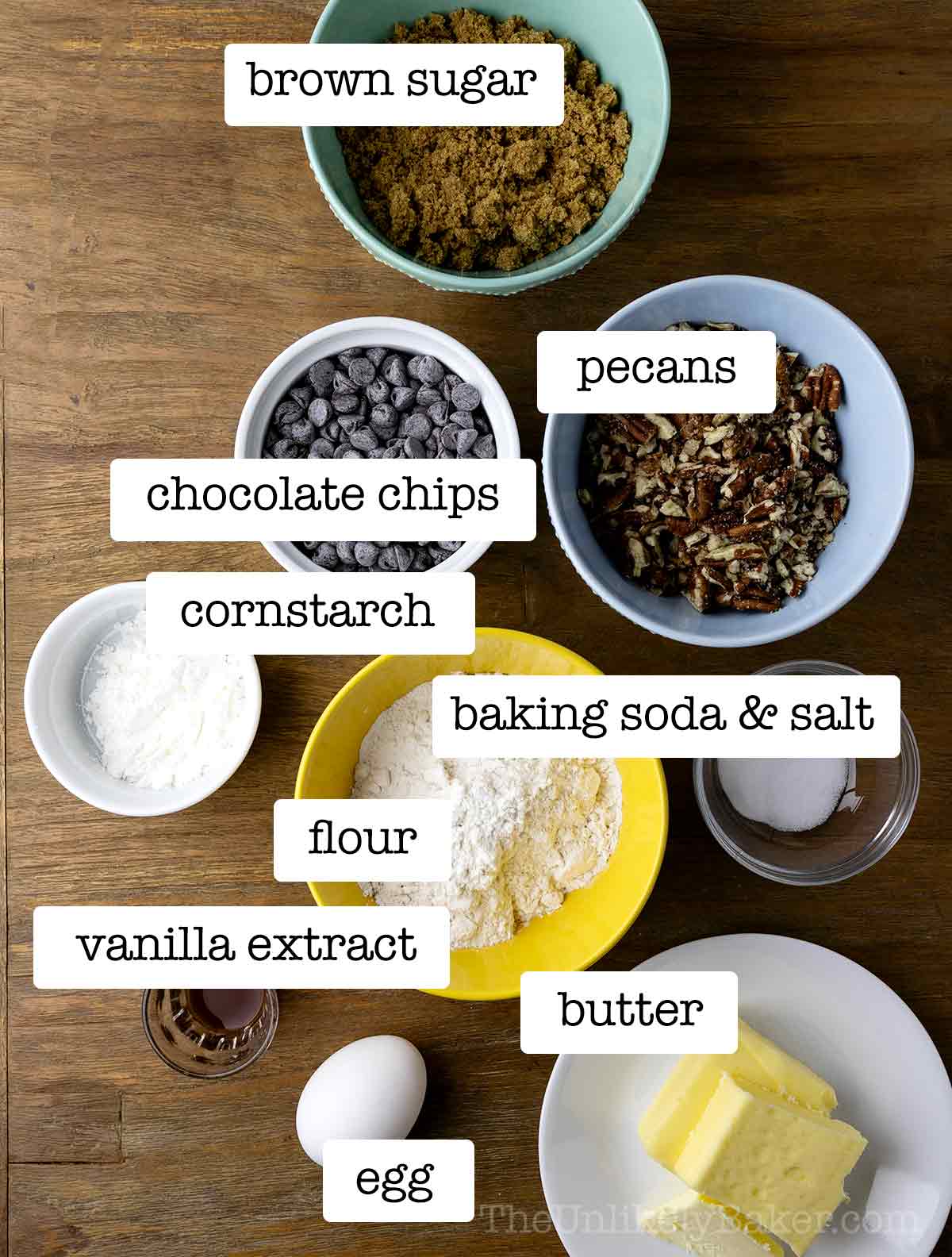 Ingredients for chocolate chip and pecan cookies with text overlay.