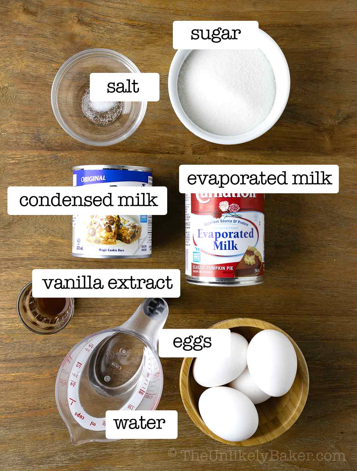 Ingredients for leche flan layer with text overlay.