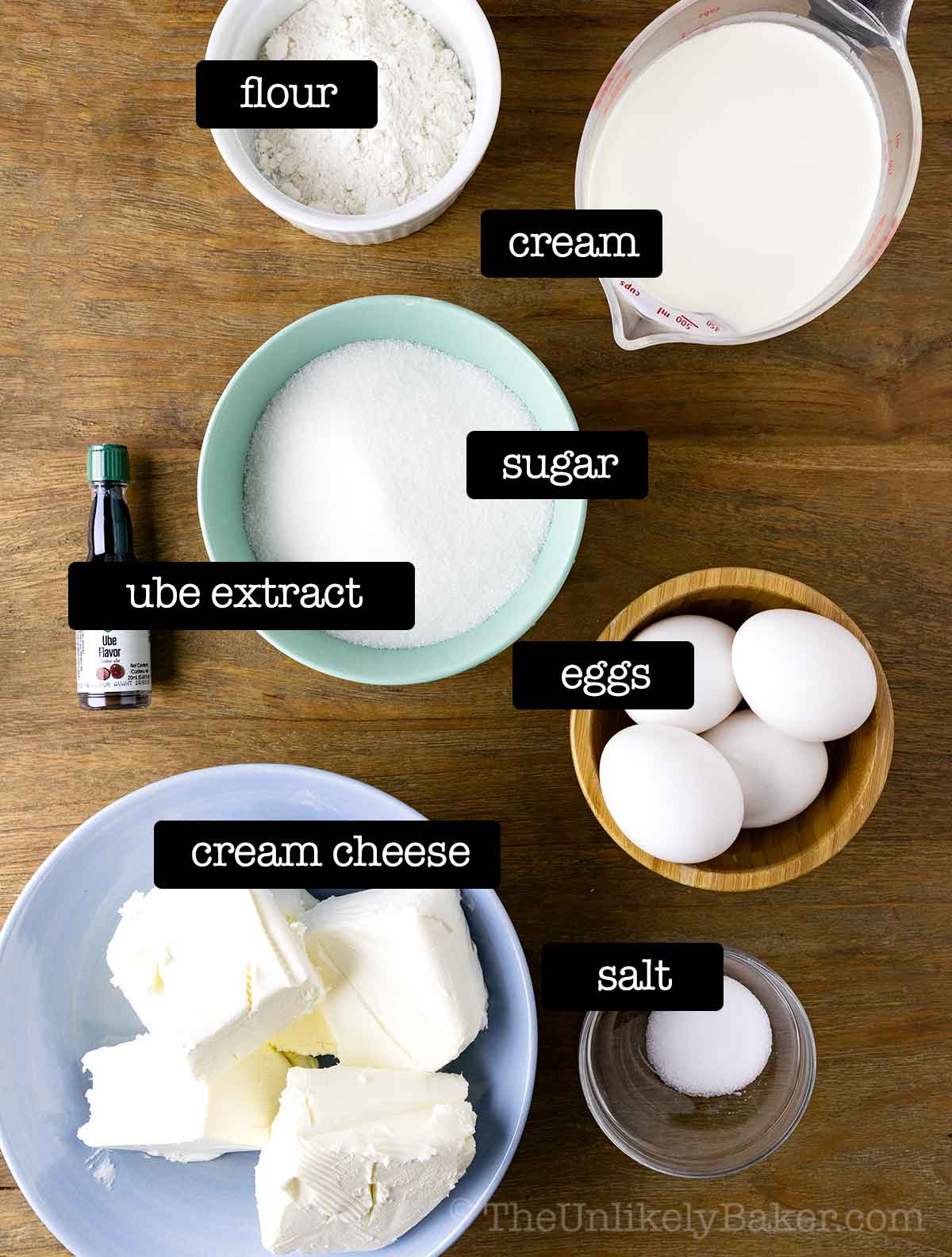 Ingredients for ube basque cheesecake recipe with text overlay.