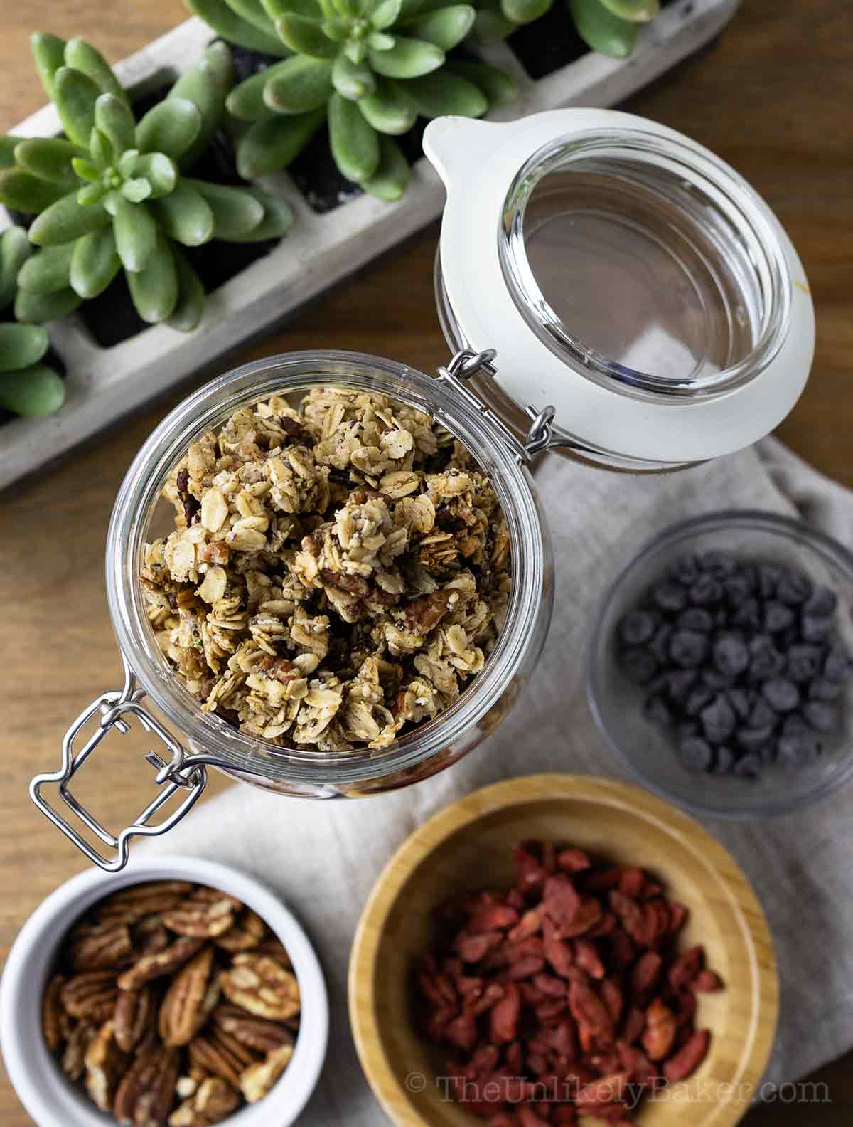 Maple pecan granola in a jar.