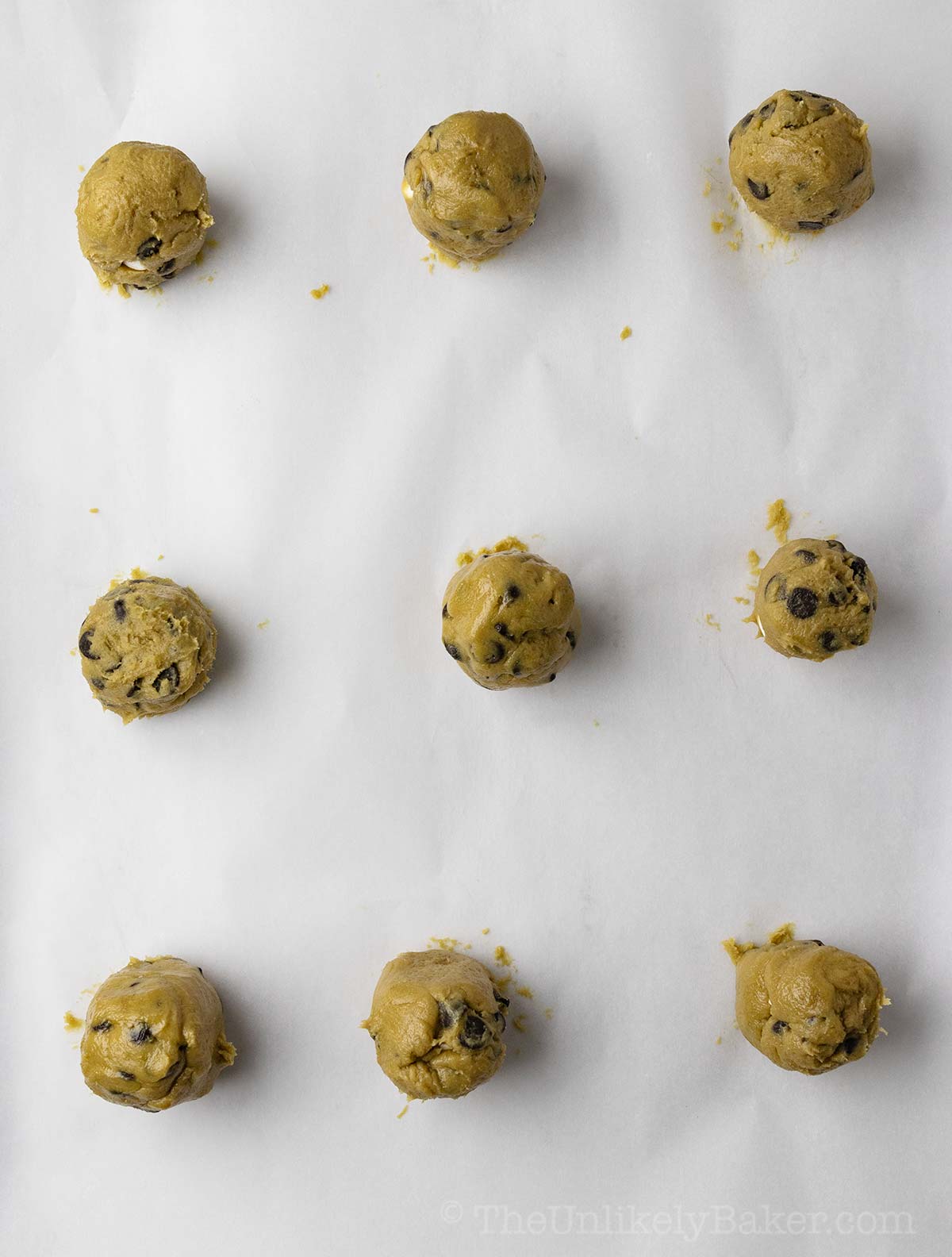 Cookie dough balls ready for the oven.