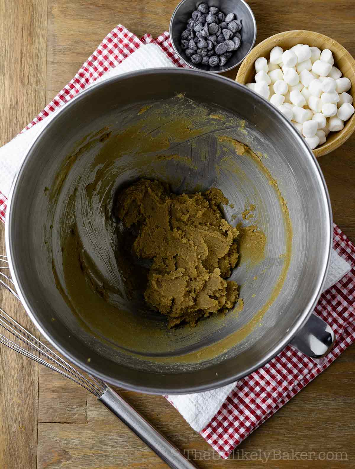 Creamed butter and sugar in a bowl.