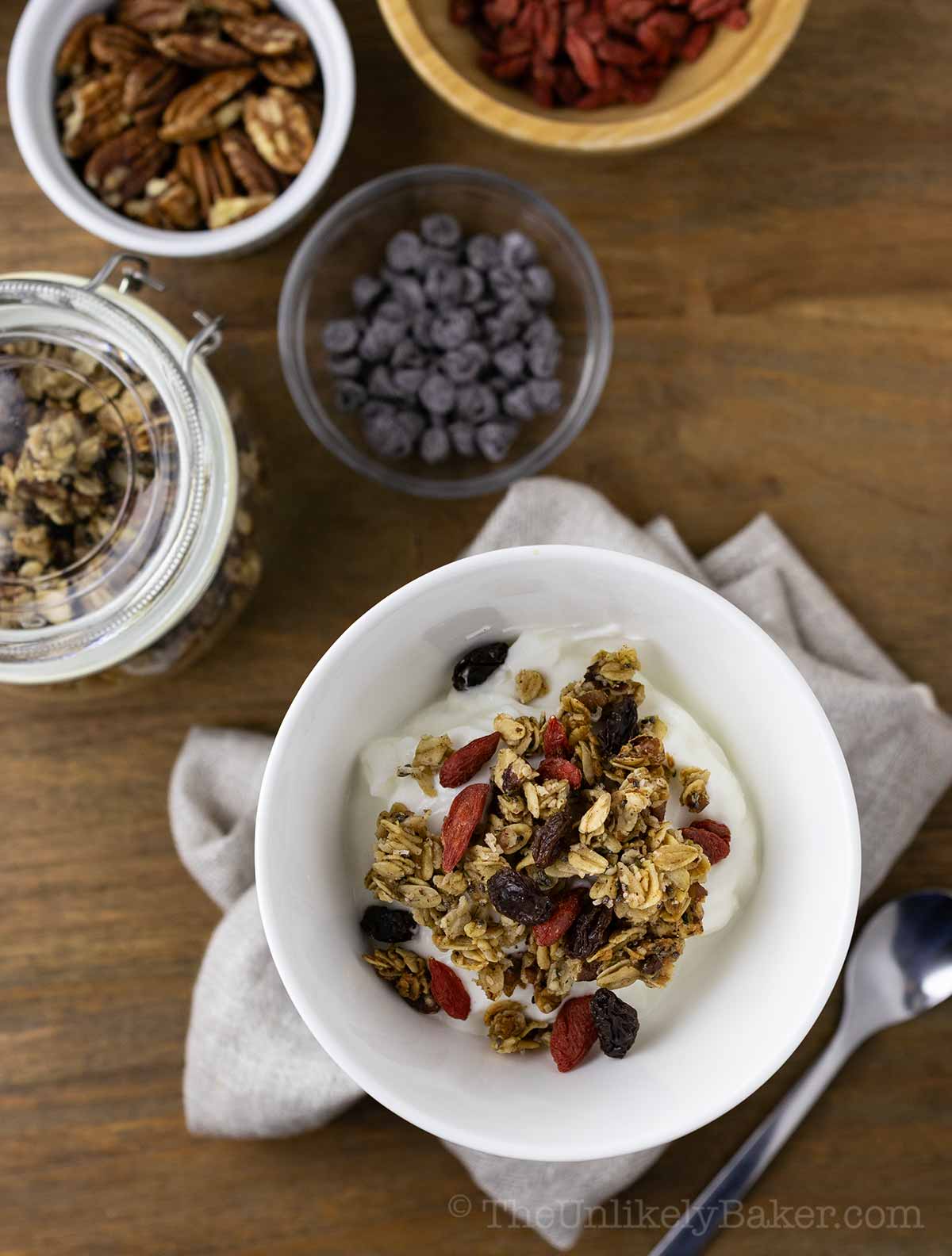 Pecan maple granola with dried fruit.