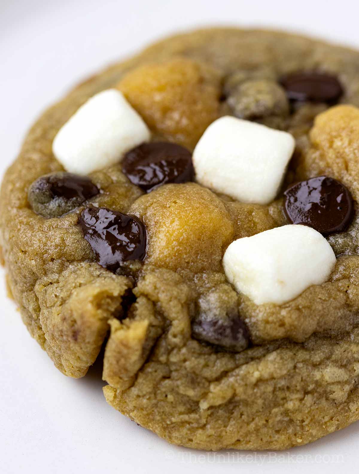 Macro shot of a chocolate chip cookie with marshmallows.