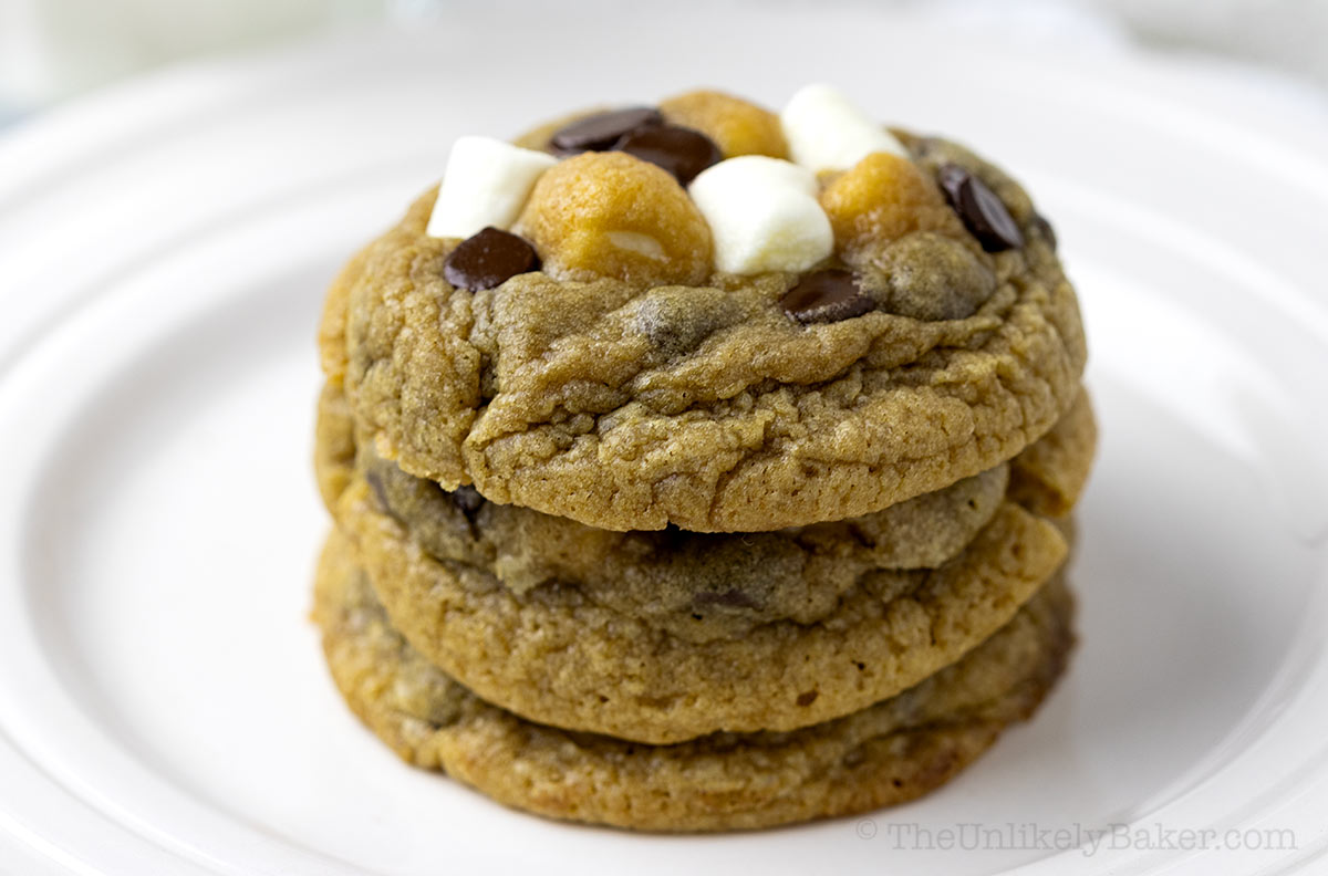 Chocolate chip and marshmallow cookies on a plate.