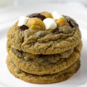 Stack of freshly baked chocolate chip marshmallow cookies.