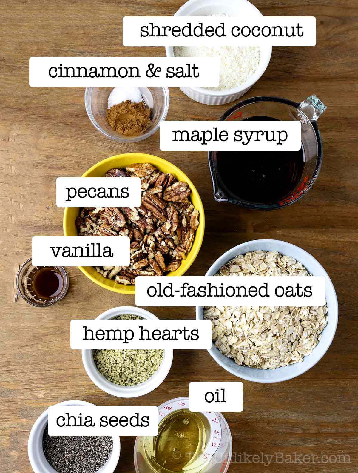 Homemade granola ingredients with text overlay.