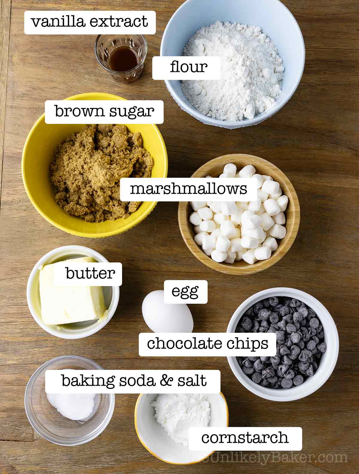 Ingredients for chocolate chip cookies marshmallows with text overlay.