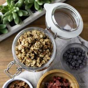 Maple pecan granola in a jar.