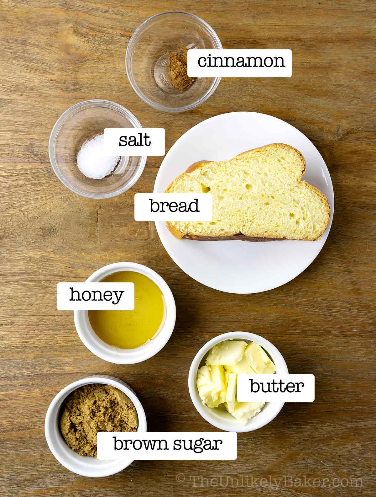 Ingredients for honey butter toast with text overlay.